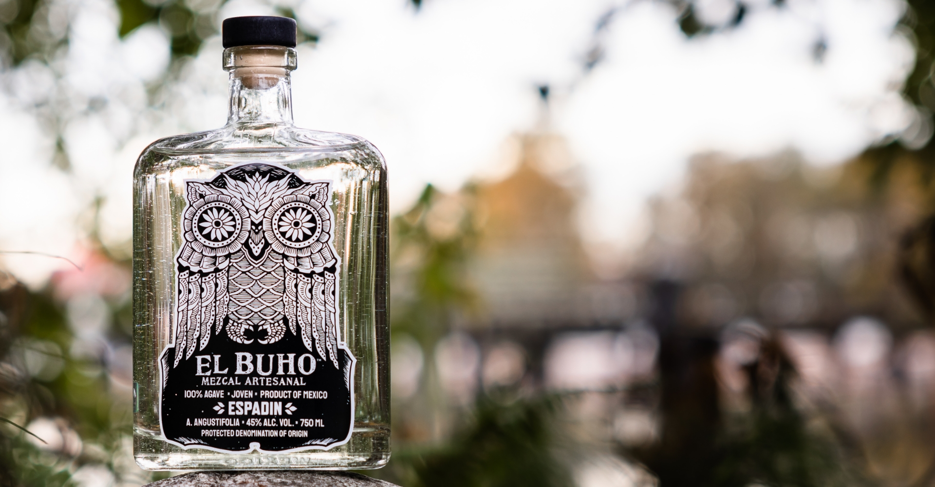 el buho mezcal artesanal bottle on a rock with blurred foliage and sky in the background