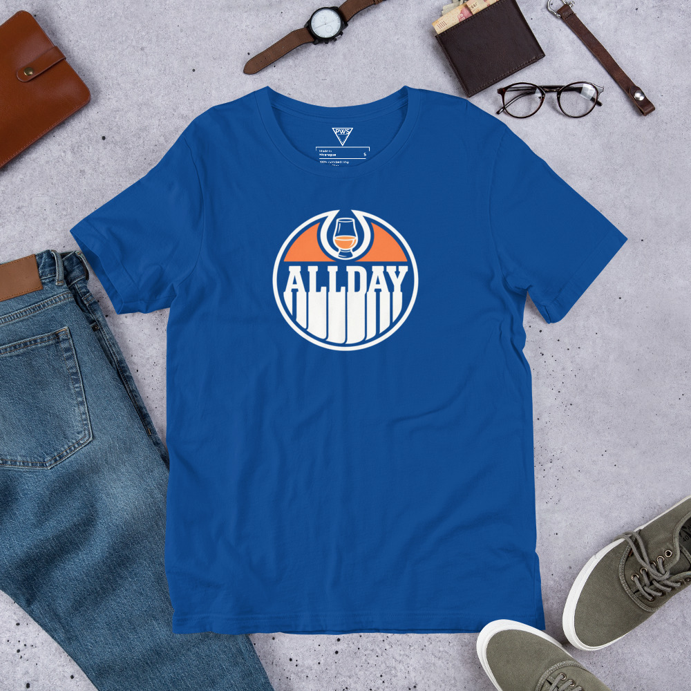 "All Day Drams" Edmonton T-Shirt | Blue & Orange Whisky Tee | Hockey Fan Gear - Image 3