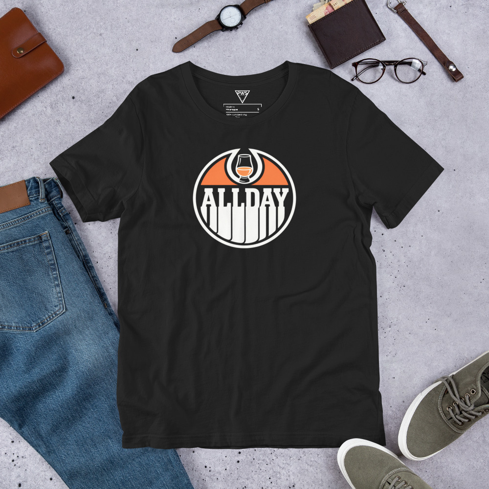 "All Day Drams" Edmonton T-Shirt | Blue & Orange Whisky Tee | Hockey Fan Gear - Image 2